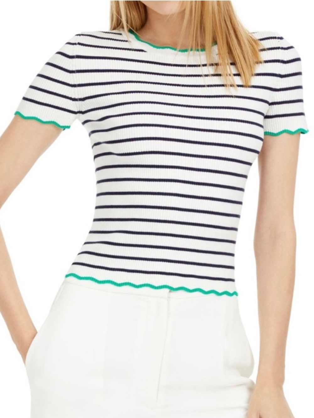 Maison Jules Black White
Parisian Style Striped Green Wavy Trim
Knit Sweater Top